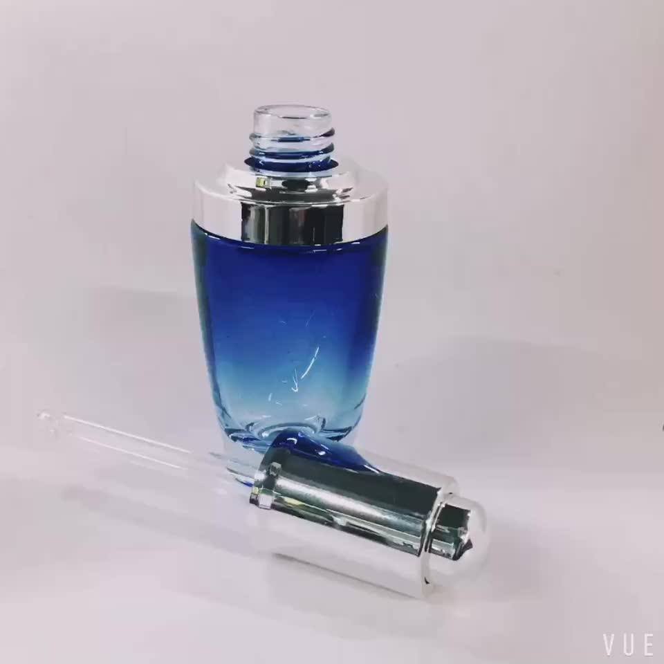 30ml Luxury Blue Glass Serum Lotion Bottle With Silver Dropper/pump