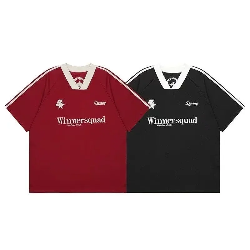 American-style oversize streetwear men's T-shirt, V-neck loose half-sleeve T-shirt with a trendy, Insta-inspired, sporty vibe