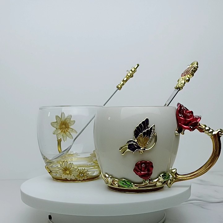 Enamel Large Ceramic Mug Chrysanthemum Crystal Clear Glass Tea Coffee