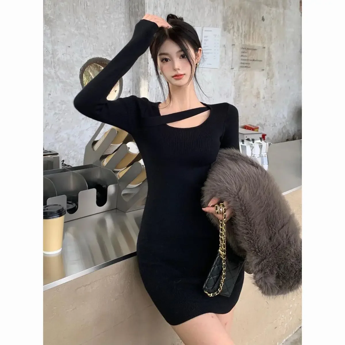 Bodycon Dress 2025 New Trendy Girl Dress Long Sleeve Autumn Winter Mature Women's Clothing Tight Black Short Skirt Body Shaping