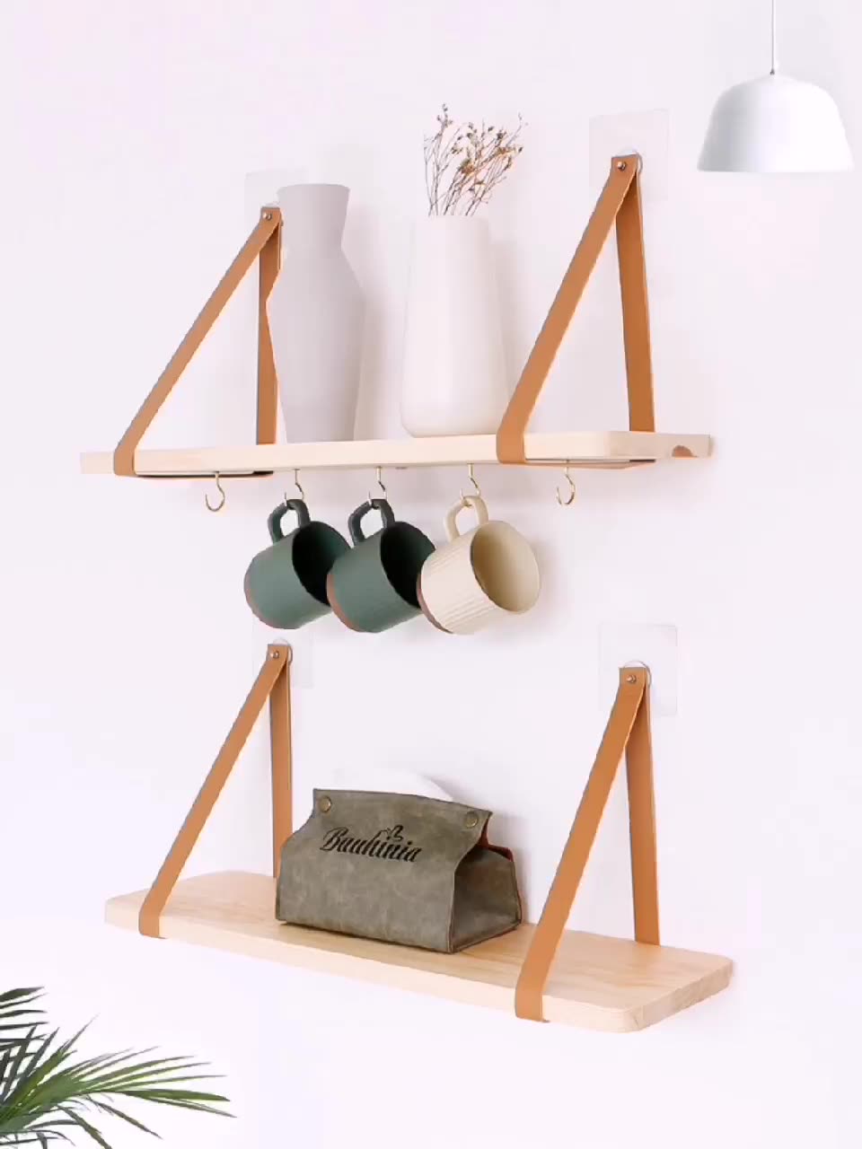 Leather Strap Wall Hanging Book Shelf Wood Floating Storage Shelves