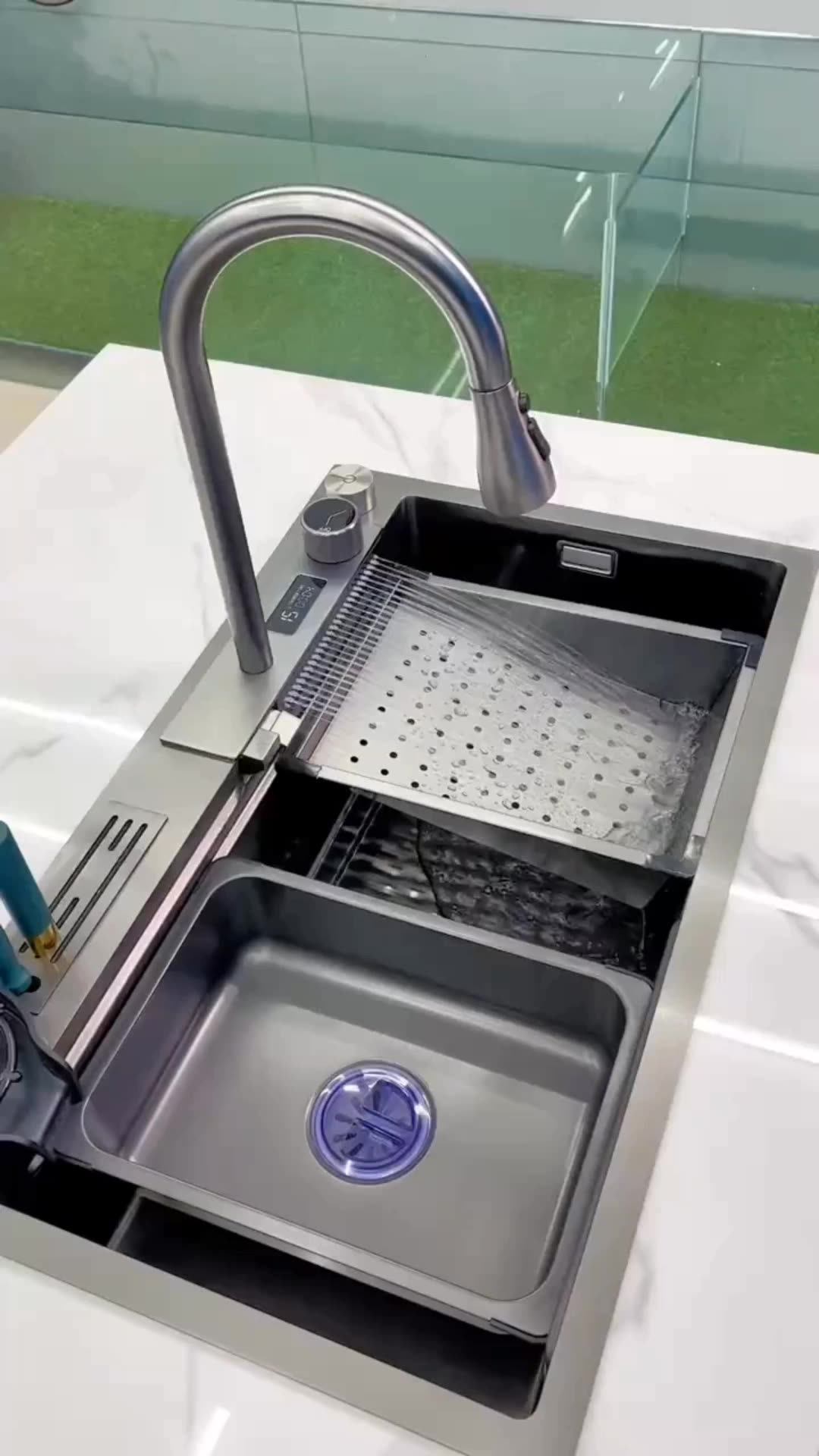 Nano Step Kitchen Sink 304 Stainless Steel Handmade Waterfall Faucet Knife Holder Digital