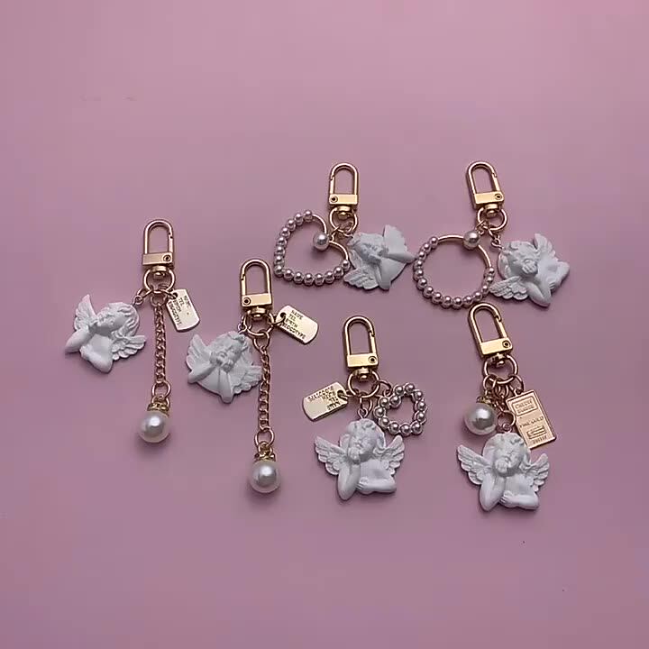 Retro Angel Couple Keychain Imitation Pearl Heart Resin Keychain