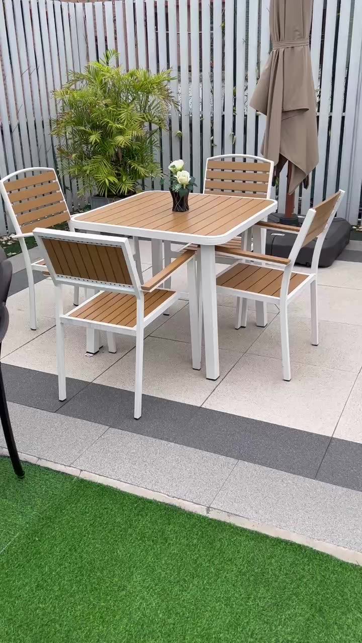 All Weather Coffee Dining Table Set 4 Chairs Wooden Outdoor Patio
