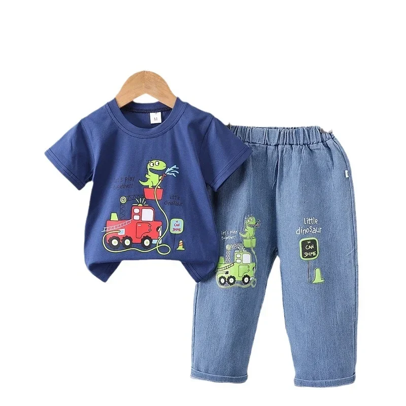 Летний детский denim комплект, мультяшные джинсы, с коротким рукавом, комплект из 2 предметов, 0-5 лет