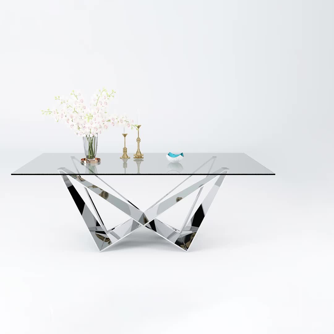 Square Tempering Glass Dinner Stainless Steel Frame Dining Table For