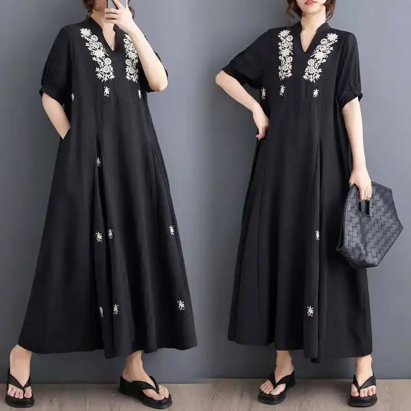 Summer megaphone, dress, Korean style, loose fit, flowered, with embroidery, plus size