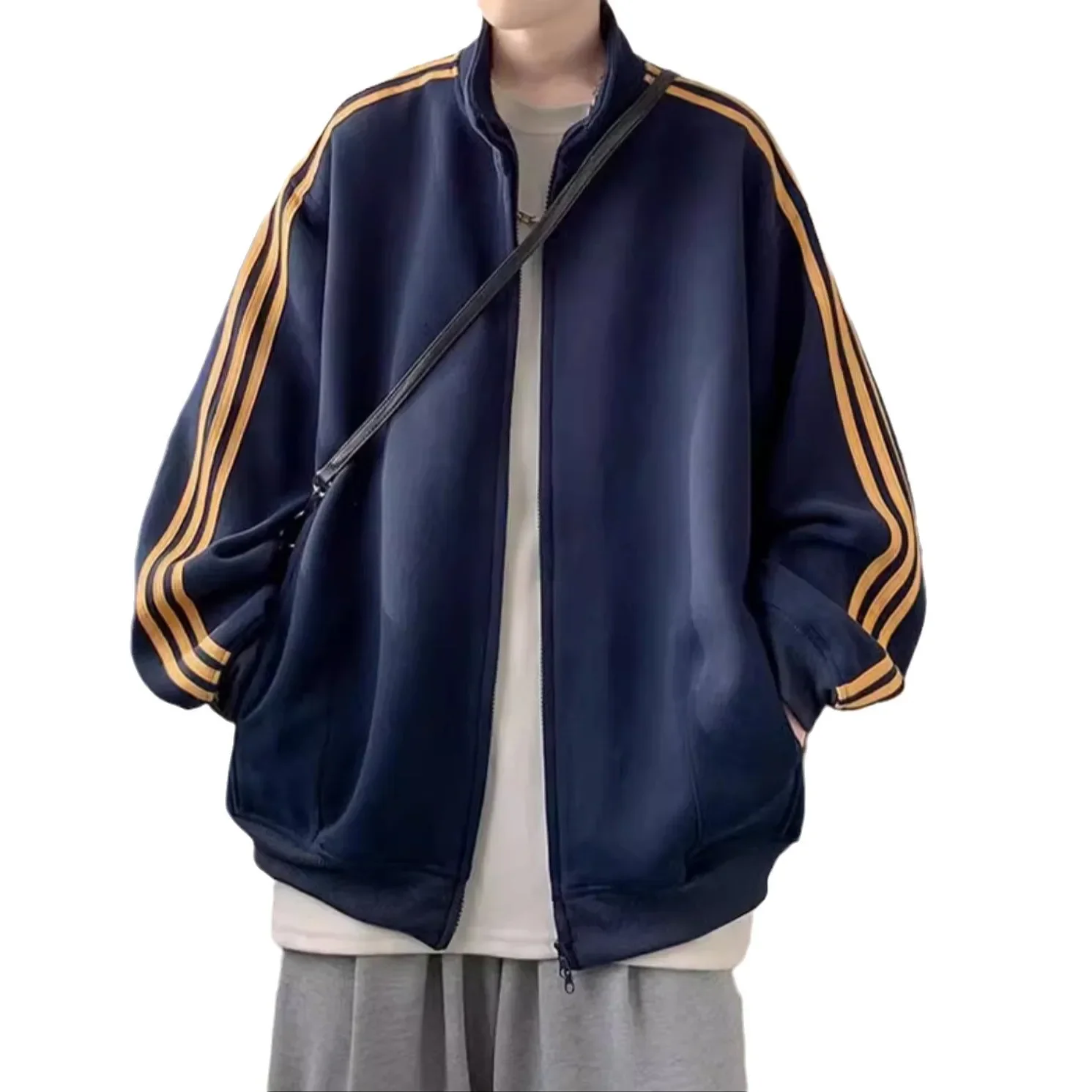 American Style Collar Striped navy blue Sweater Men's Autumn and Winter Double Zipper Cardigan Jacket oversize Sports Jacket