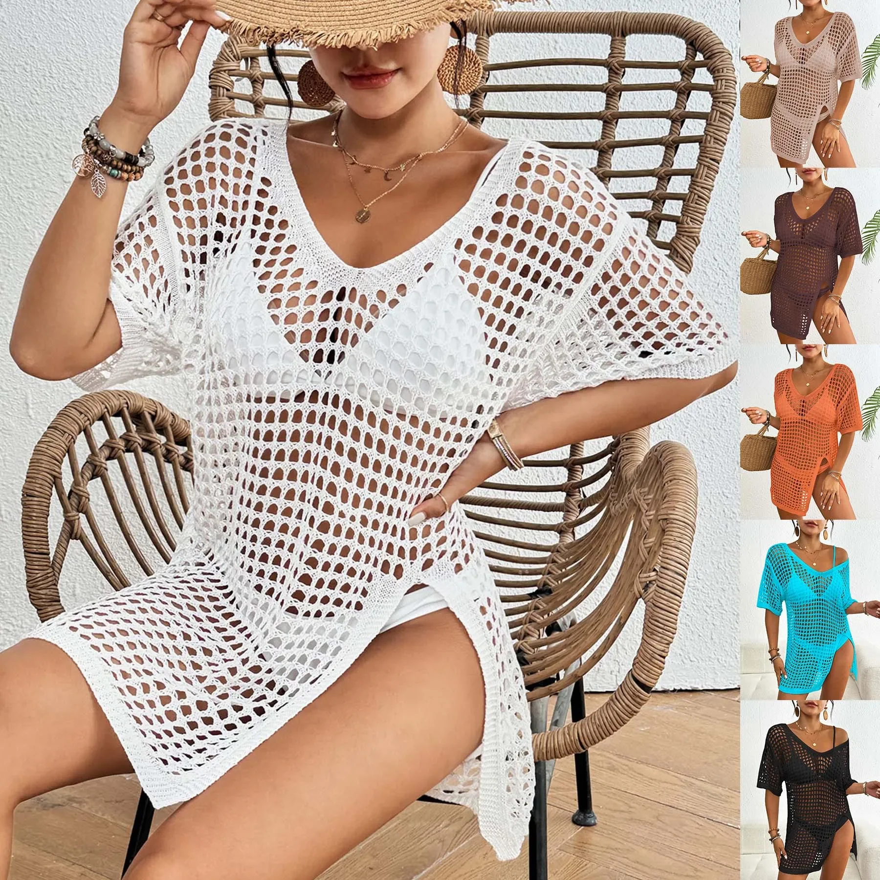 Women's Blouse Cross-border European and American Women's Spring and Summer New V-neck Split Hollow-out Woven Cover Bikini dress