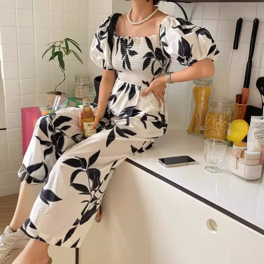 All-Match Leaf-Print Puff-Sleeve One-Neck Pants