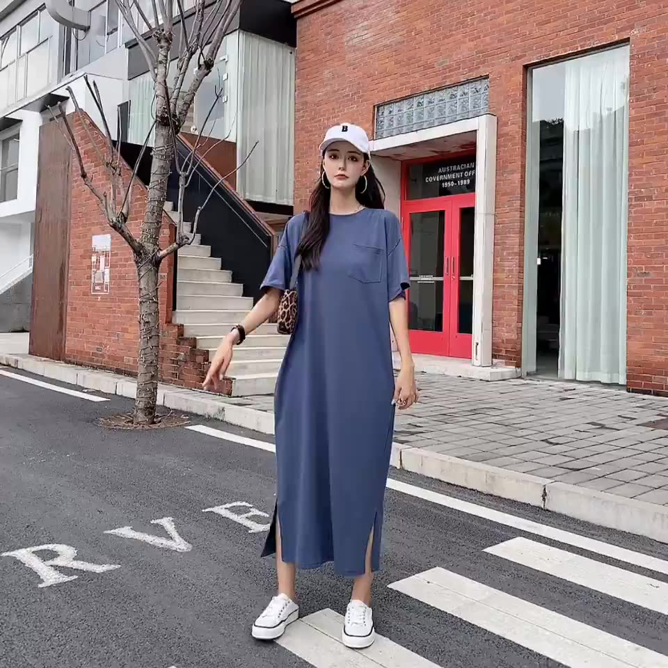 Wholesale Korean Summer Simple Casual Maxi Dress Plus Size Short Sleeve  Cotton Split Blank T Shirt Dresses For Women Pocket - Buy Summer Casual  Dresses,Plain T Shirt Dresses,Printed T Shirt Dress Product