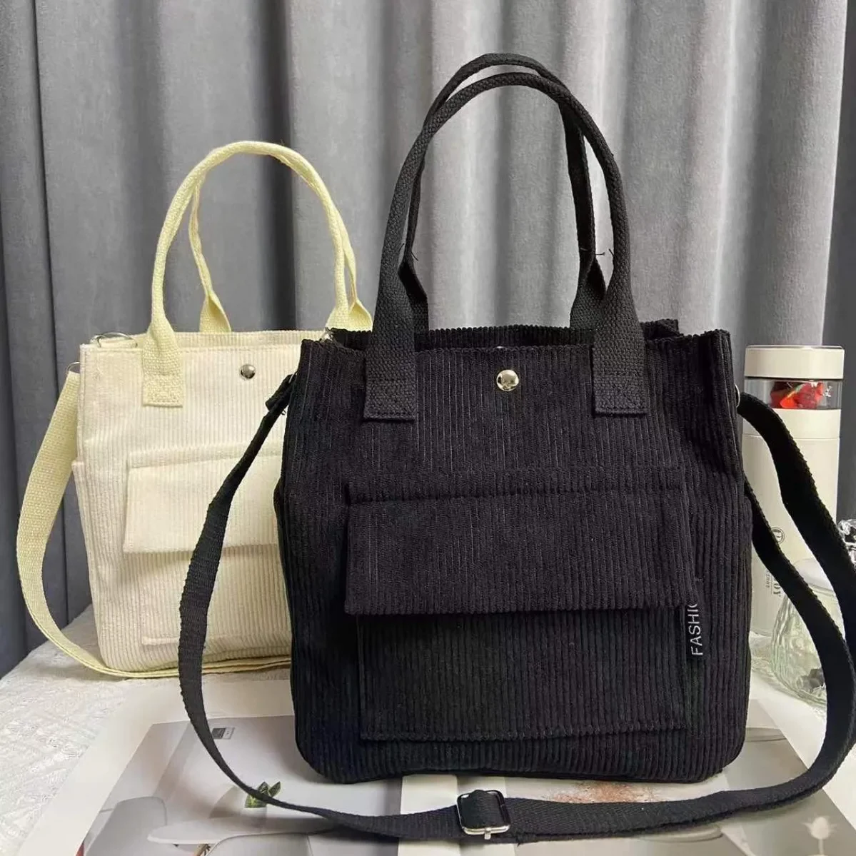 Original and Stylish Corduroy Multi-Pocket Crossbody Tote Bag, Student Simple and Versatile Lunch Box Bag