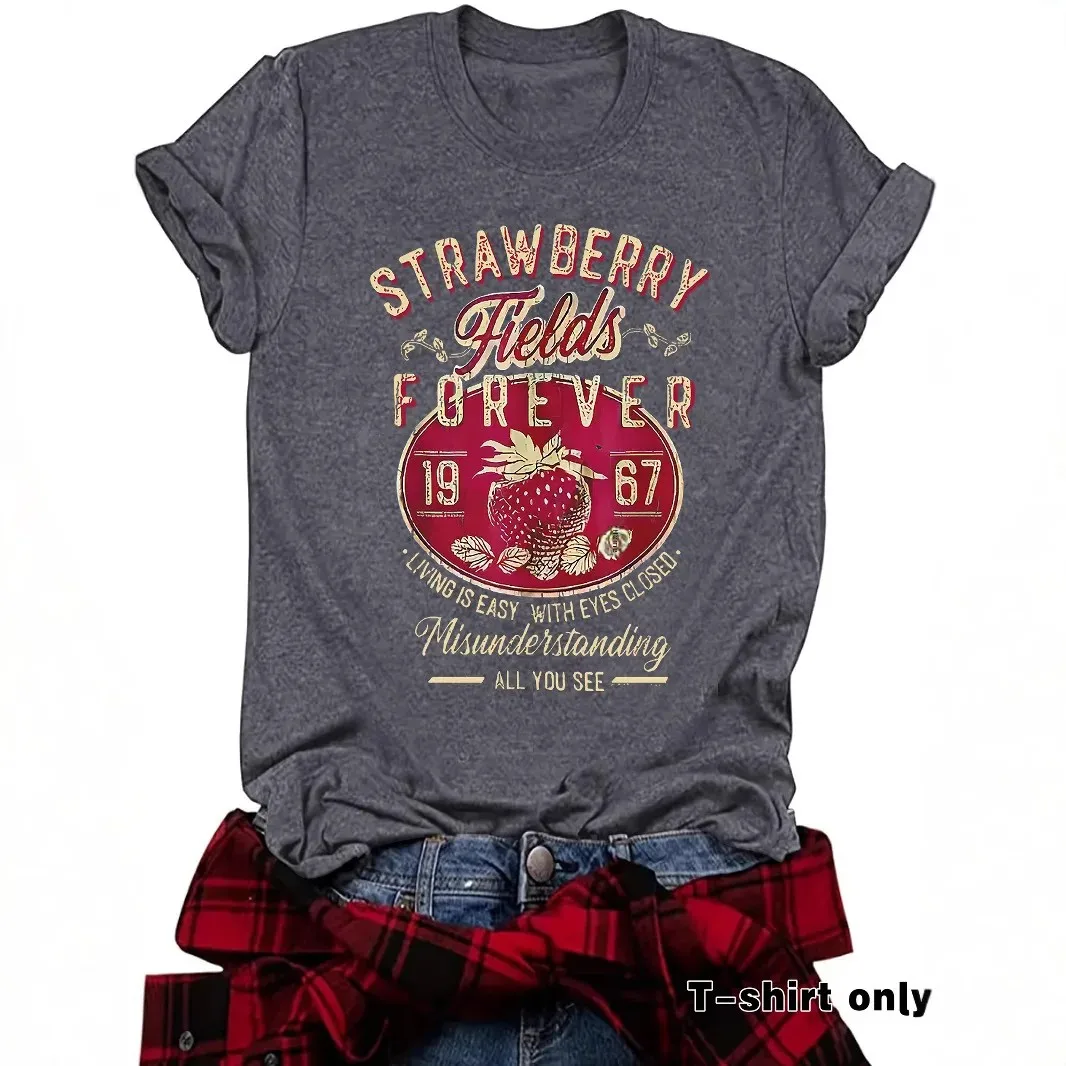 Independent Station Cross-border Summer European and American STRAWBERRY Fields Crewneck Pullover Short-sleeved eBay Women's T-shirt