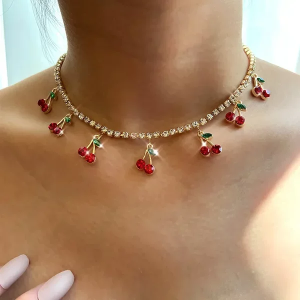 European and American Cross-Border Rhinestone Red Cherry Necklace Fashionable Simple Full Diamond Fruit Chain Necklace Anklet Earrings Jewelry