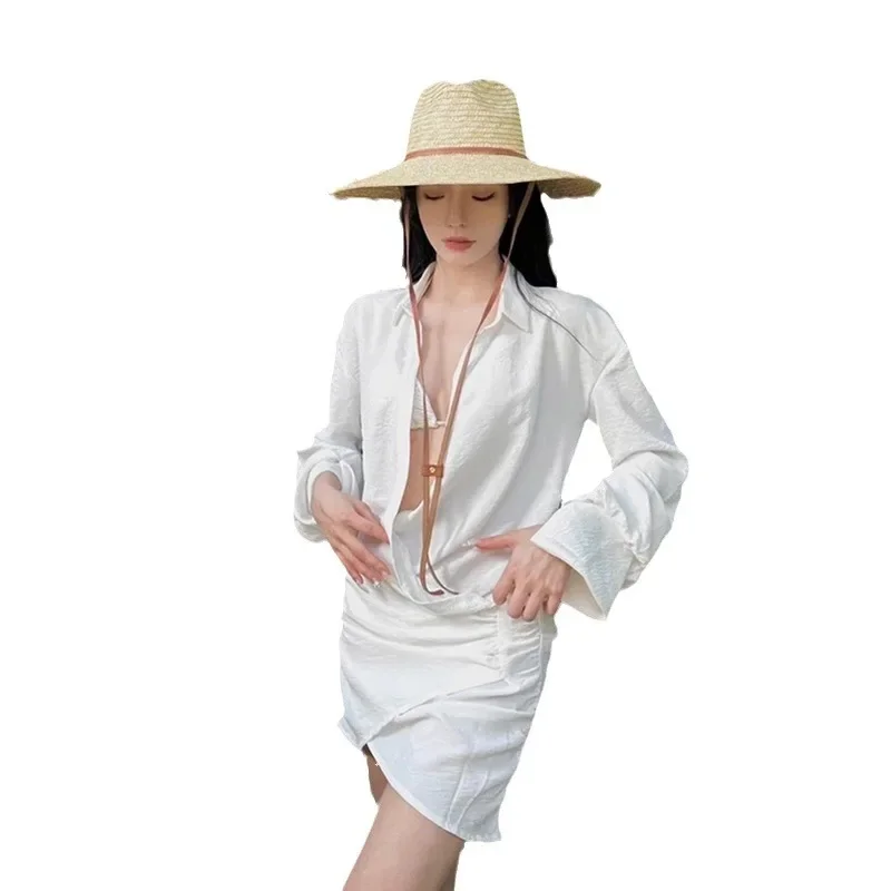 Ins Beach Resort Bikini Shirt Skirt Swimsuit Women's Three-Piece Set Belly Internet Celebrity Small Boobs Hot Summer