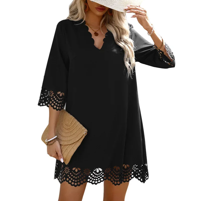 Amazon Foreign Trade Women's Cross-border European and American Style Dress 2025 Spring and Summer New Holiday Burned Flower Half-sleeve A-line Skirt