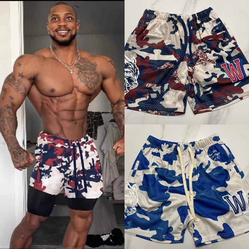 Big Wave Brother's Same Style Wolf Head Fitness Sports Loose Shorts Casual Double-Layer Mesh Three-Quarter Pants Beach Shorts European and American Version