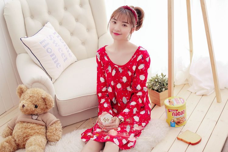 Mùa xuân và mùa hè phần mỏng ladies nightdress cộng với chất béo kích thước lớn vòng cổ dài tay váy đan nightdress đồ ngủ Châu Âu mã đơn giản ...