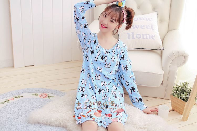 Mùa xuân và mùa hè phần mỏng ladies nightdress cộng với chất béo kích thước lớn vòng cổ dài tay váy đan nightdress đồ ngủ Châu Âu mã đơn giản ...