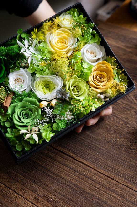 Preserved flowers in a premium box viewed from above