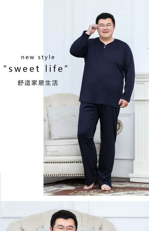 Bộ đồ ngủ nam dài tay cotton thu đông mẫu plus cho người béo, đồ bộ mặc nhà plus size rộng, bộ đồ cotton thu đông cho người béo - Bộ Pajama