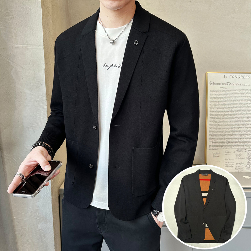 Autumn Solid Color High-Quality Men's Suit Collar Knitted Cardigan Slim Fit V-Neck Casual Men's Versatile Sweater Jacket