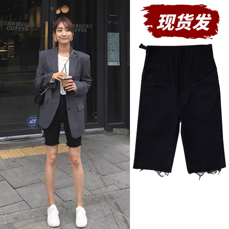 Pregnant denim shorts women spring and autumn riding leggings outside wear thin five-point pants raw shorts spring and summer pants
