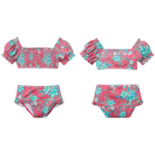 Раздельный детский милый купальник, короткий рукав, подходит для подростков, открытые плечи, цветочный принт