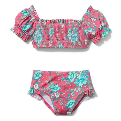 Раздельный детский милый купальник, короткий рукав, подходит для подростков, открытые плечи, цветочный принт