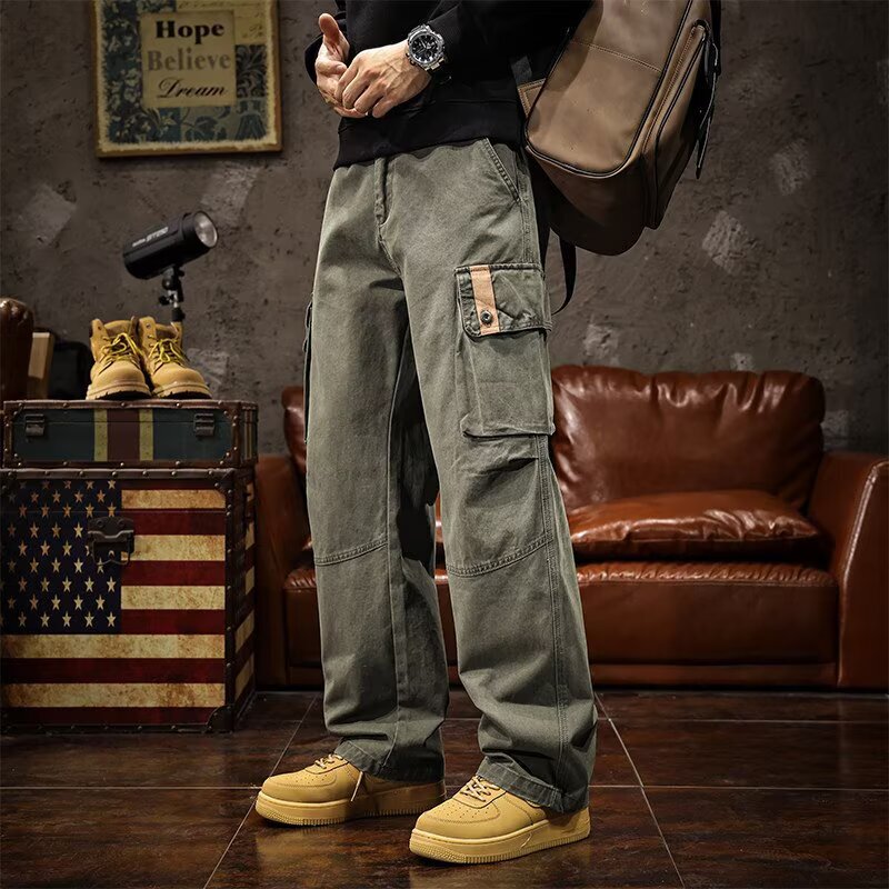 American High-End Trendy Brand Pure Cotton Work Pants for Men, 2026 Autumn New Military Green Outdoor Loose Straight Casual Pants