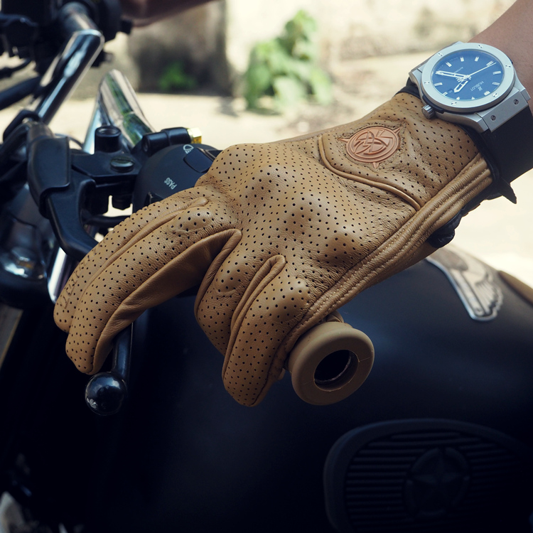 Găng tay đầu máy retro với màn hình cảm ứng đầy đủ da xe máy cưỡi găng tay da Thiết bị Harley Knight bốn mùa đai bảo vệ đầu gối