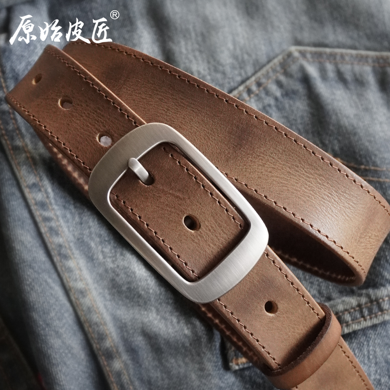 Original Leather Craftsman Handmade First Layer Cowhide Belt for Men's Jeans Genuine Leather Women's Vintage Pin Buckle Pure Cowhide