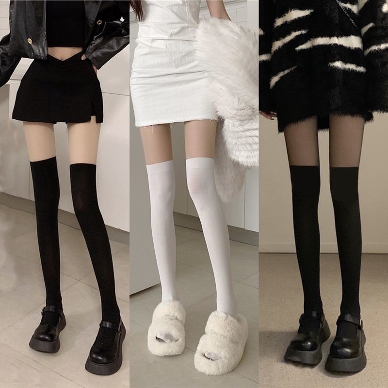 Black, Flesh-Colored, and White Spliced Stockings for Women, Thin Spring/Autumn/Summer Style, Fake Two-Piece Over-The-Knee Calf-Length Jk Leggings