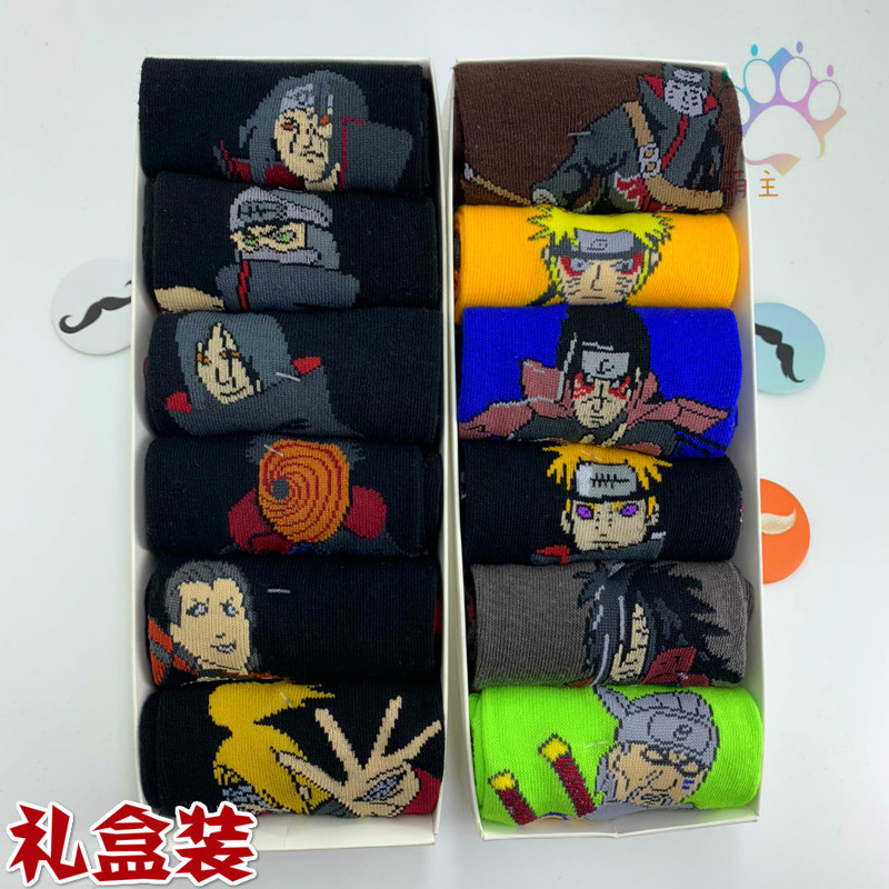 5 Pairs of Boxed Japanese Anime Trendy Mid-Calf Socks with Cartoon Naruto Characters, Men's Short Socks, Cotton, Free Shipping