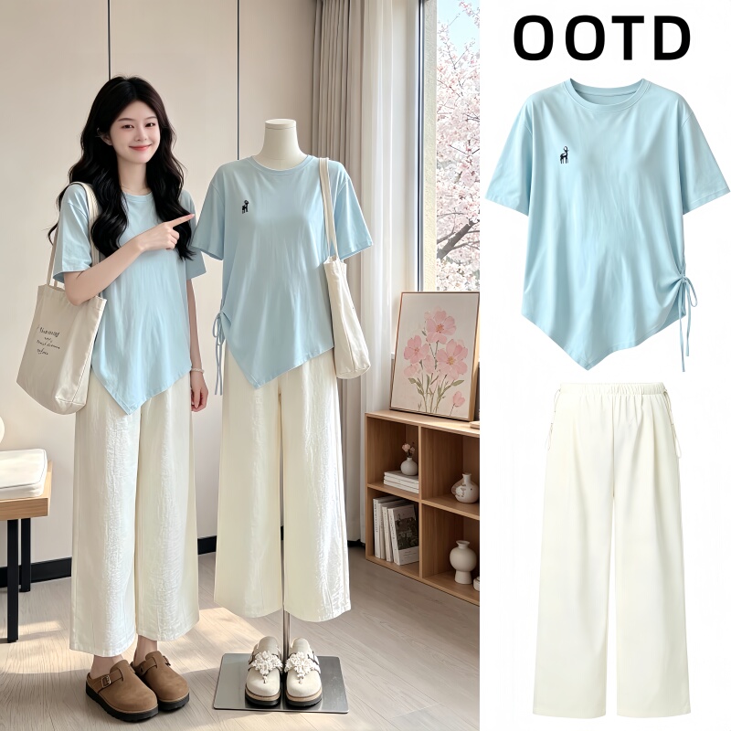 Maternity Summer Outfit: Loose Plus-Size Slimming Short-Sleeve T-Shirt and Wide-Leg Pants Two-Piece Set for Pregnant Women, High-End Style Maternity Summer Outfit: Loose Plus-Size Slimming Short-Sleeve T-Shirt and Wide-Leg Pants Two-Piece Set for Pregnant Women, High-End Style