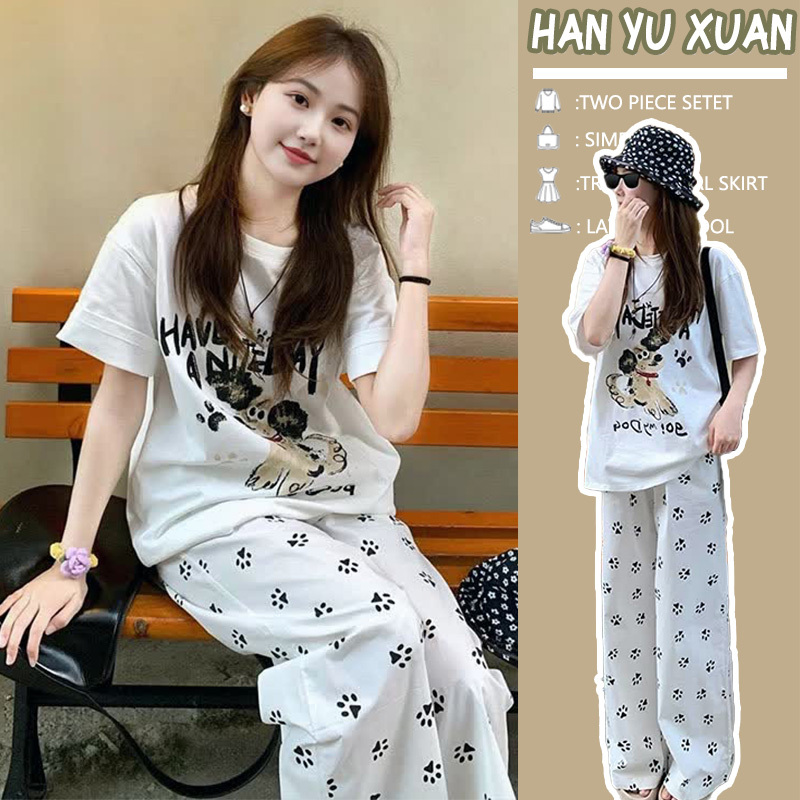 Maternity Wear, Summer Korean Style, Age-Reducing, Versatile, Slimming, Casual Wear, Lazy Style, Loose T-Shirt, Wide-Leg Pants Two-Piece Set