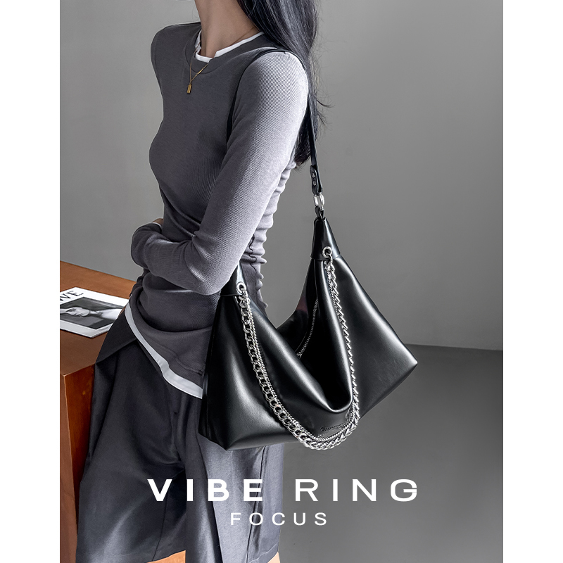 Vibering Niche Black Chain Tote Bag Spring and Summer New Large-Capacity Work and Commuting Large Bag Crossbody Bag