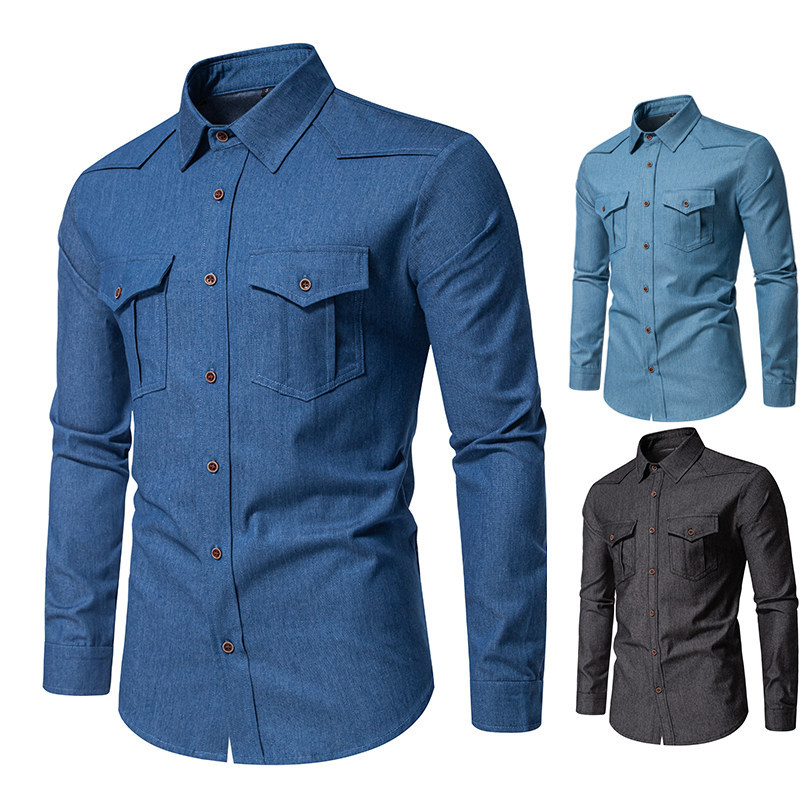 American Casual Oversized Long-Sleeve Denim Work Shirt for Men, Khaki Style, Cool and Handsome Youth Double-Pocket Denim Shirt, Trendy