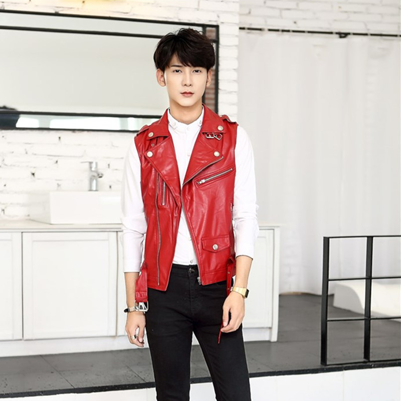 Korean Style Personalized Men's Slim-Fit Pu Leather Vest, Youth Casual Biker Jacket, Red Leather Waistcoat with Diagonal Zipper Korean Style Personalized Men's Slim-Fit Pu Leather Vest, Youth Casual Biker Jacket, Red Leather Waistcoat with Diagonal Zipper