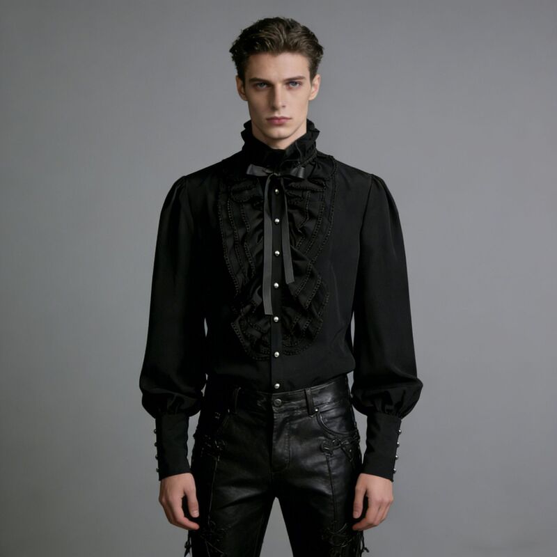 European and American Dark Gothic Style Ruffled Stand-Up Collar Shirt for Men, Palace Retro Dress, Puff Sleeves, Pleated Lace Shirt