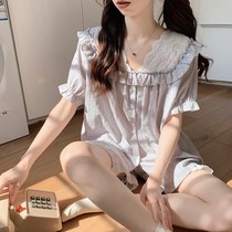 (Enjoy the Pleasant Space) Female Summer Princess Palace Princess Palace Windlace Lotus Leaf Side Pure Cotton Home Short Sleeve Shorts