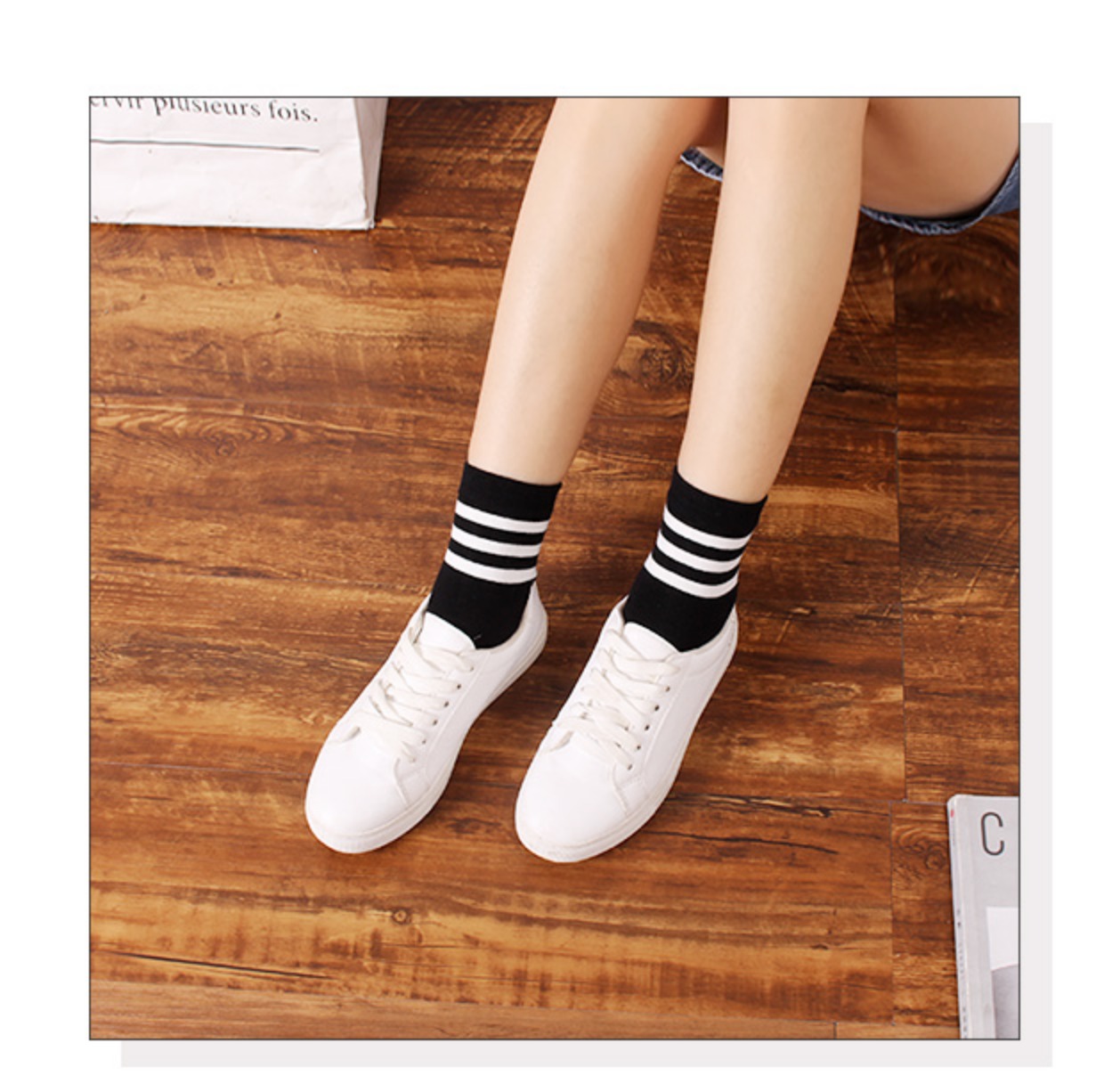 Vớ nữ vớ vớ sọc đen trắng vớ sao thể thao đại học vớ cotton Hàn Quốc dễ thương mùa thu và mùa đông vớ nữ - Bít tất nữ tất cao cổ đến gối