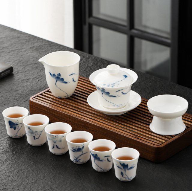Jade Porcelain Gaiwan Tea Set, Tea Cup, Fair Cup, Semi-Handmade Traditional Pottery, White Porcelain, Non-Bone China, Hand-Painted Underglaze Color