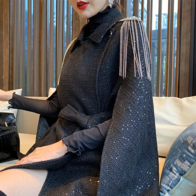 Glitter cape shawl coat 2024 spring and autumn style elegant lady high-end temperament cape woolen coat