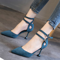 European station high heels women 2021 summer new one-word buckle cat with fine heels Net red French girl single shoes