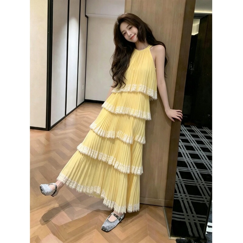 Beach Wear, Vacation Halter Neck Sleeveless Yellow Dress, Women's Summer Ruffled Cake Dress, Gentle Style, Slimming Long Dress Beach Wear, Vacation Halter Neck Sleeveless Yellow Dress, Women's Summer Ruffled Cake Dress, Gentle Style, Slimming Long Dress