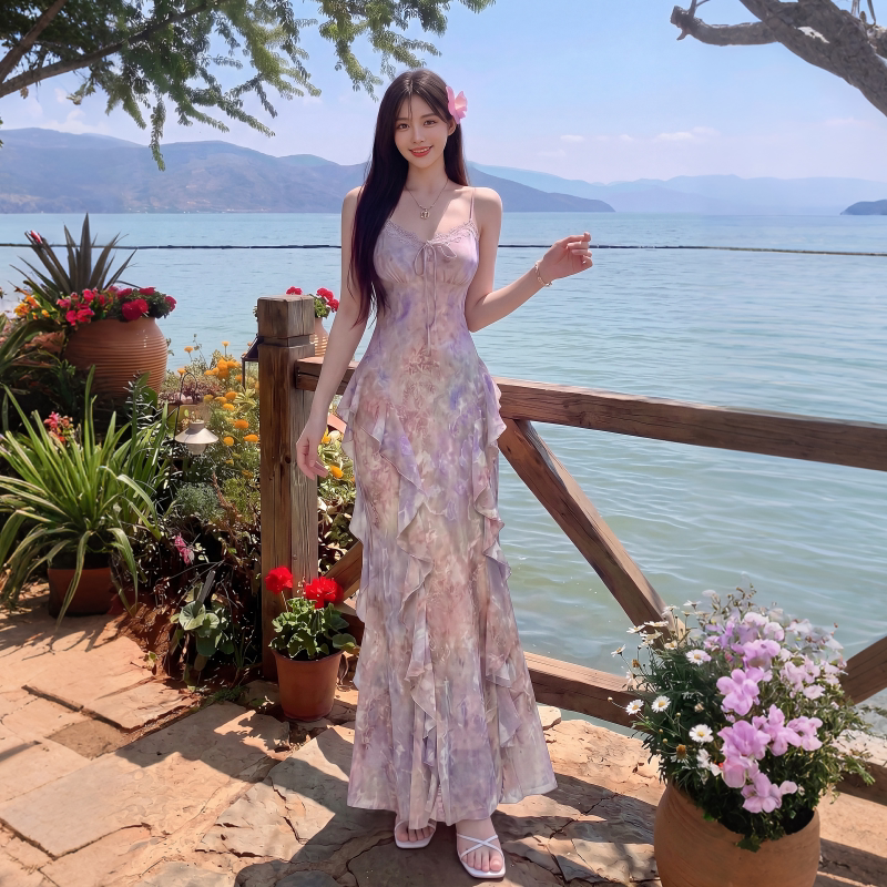 French-Style Gradient Mixed-Color Floral Spaghetti Strap Dress for Women, Summer Fairy-Like Romantic Fishtail Dress, Vacation Style Long Dress French-Style Gradient Mixed-Color Floral Spaghetti Strap Dress for Women, Summer Fairy-Like Romantic Fishtail Dress, Vacation Style Long Dress