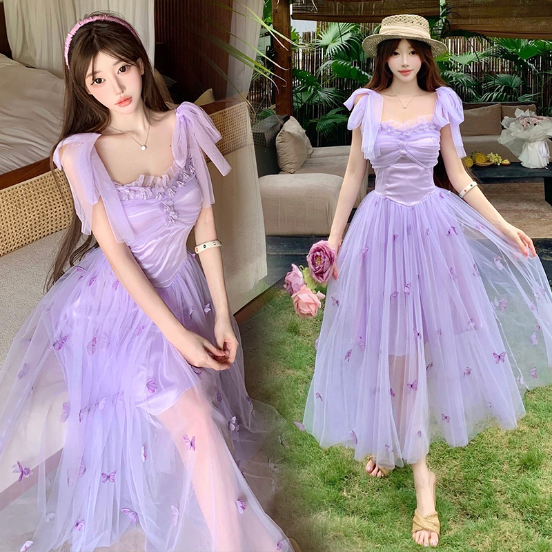 Purple Romantic Vacation Mesh Patchwork Dress for Women, Summer Super Fairy-Style Large Hem Long Dress, Beach Wear Fairy Dress