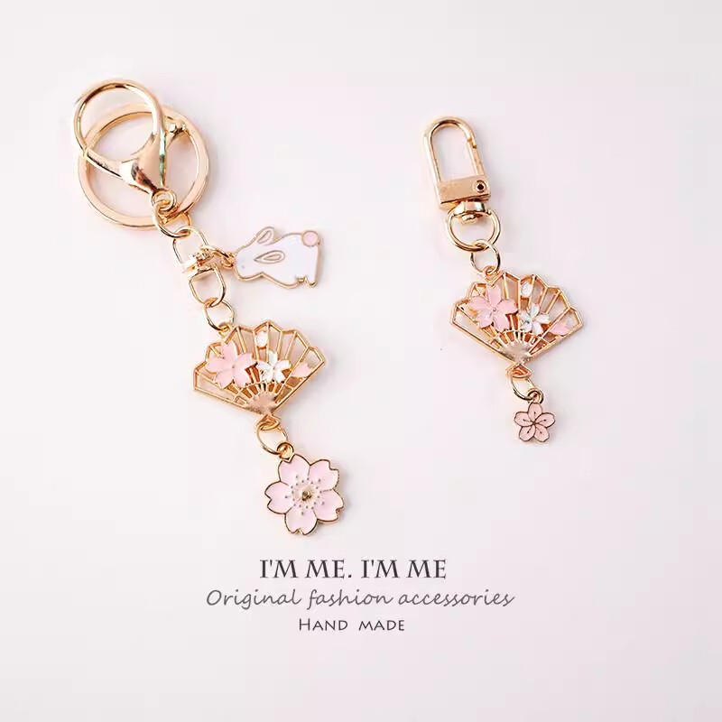 Japanese-Style Fresh Cherry Blossom Fan Keychain, Girly Best Friend Keyring, Bag Pendant Accessory, Gift, Car Accessory