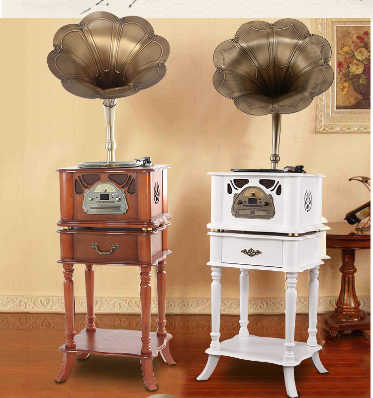 máy nghe nhạc bằng đĩa than	 Máy ghi âm cổ retro máy ghi âm gỗ rắn âm thanh máy tính để bàn cũ sừng lớn máy ghi âm vinyl phòng khách trang trí - Máy hát mua đầu đĩa than